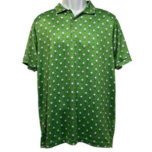 Caddy Cart Mens M Stretch Polo Shirt  Green Golf Ball Tee All Over Print UPF 50